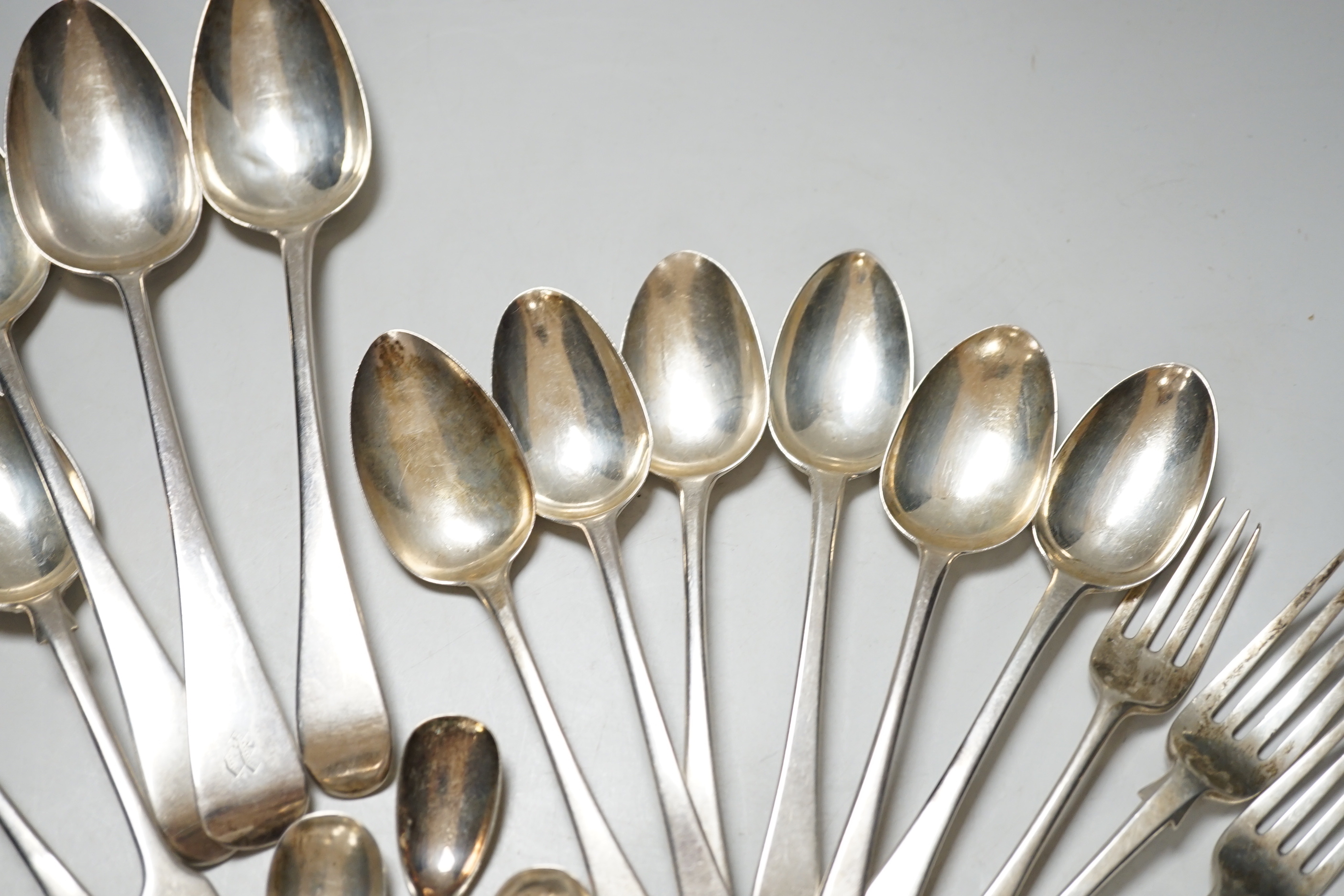 A group of assorted George III and later silver flatware, mainly Old English pattern, 715 grams